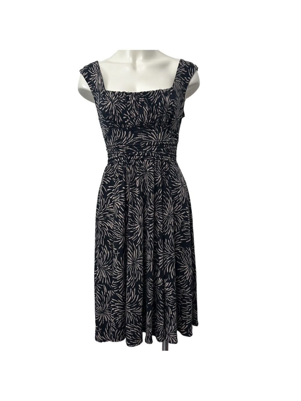 Maggy London Black Beige Floral Midi Dress Women’s Size 6 Square Neck A-Line
